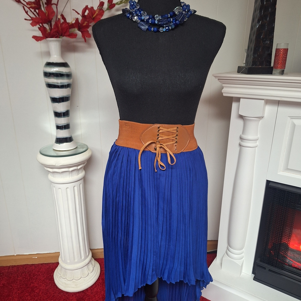 Blue Pleated High Low Skirt with Tan Waistband